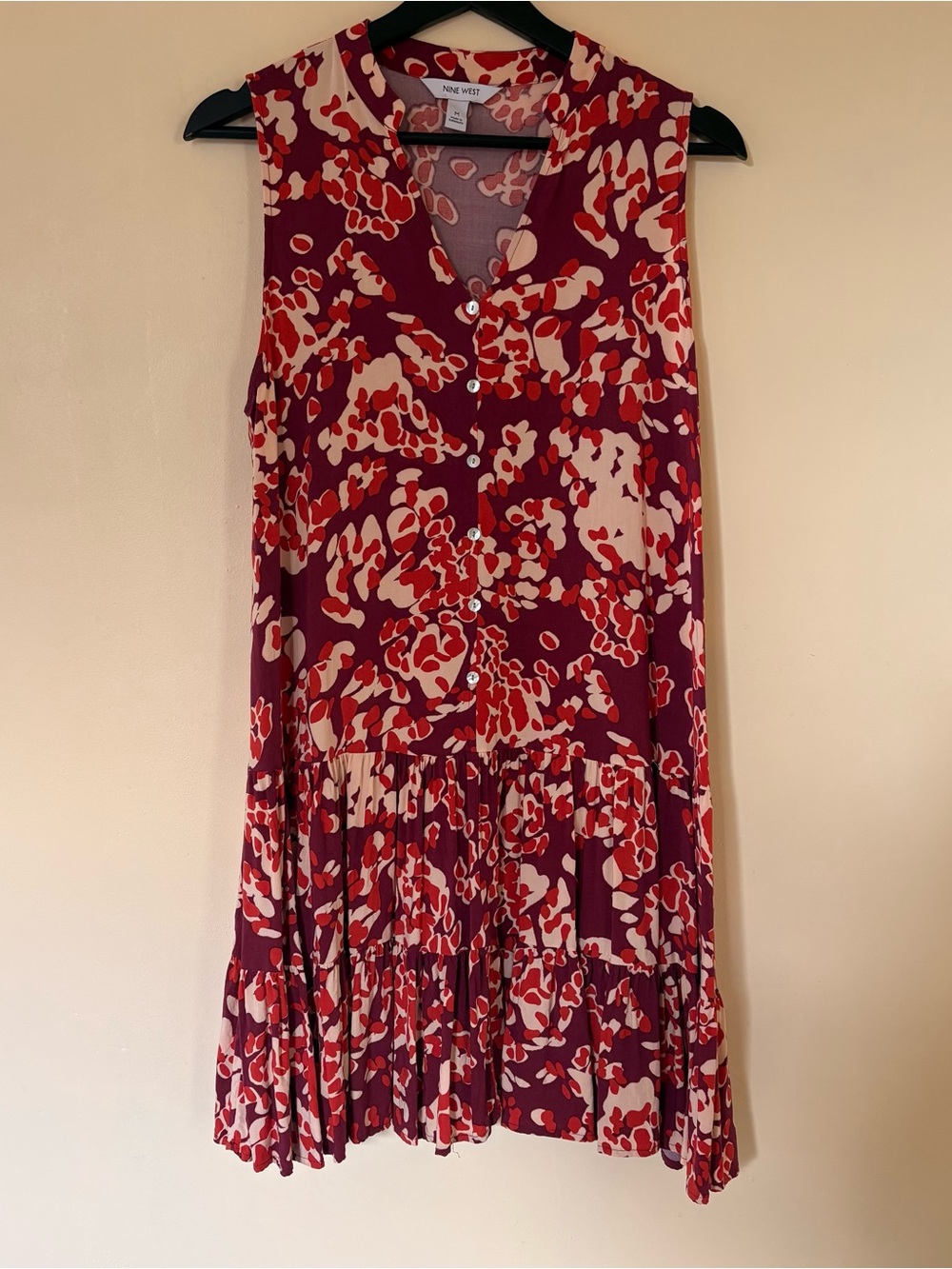 Nine West Red and Cream Sleeveless Button-Front Pleated Dress